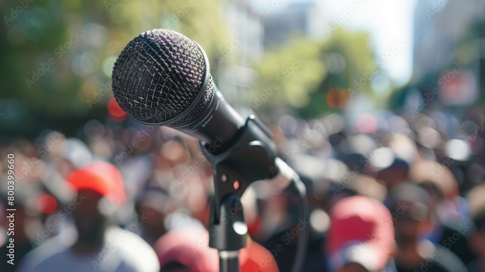 Celebrating free speech: Close-up on a rally speaker's microphone on Democracy Day. International Day of Democracy, September 15 Celebrating free speech: Close-up on a rally speaker's microphone on Democracy Day. International Day of Democracy, September 15