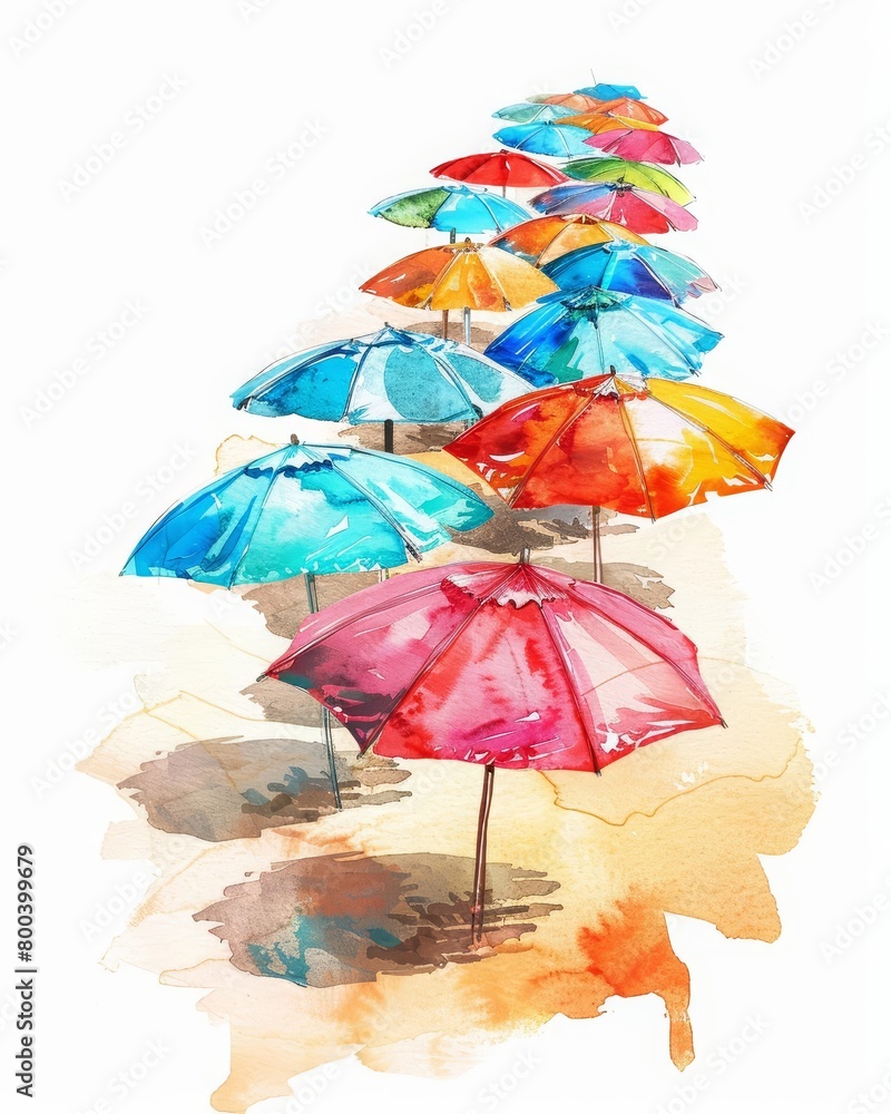 Aquarelle painting of colorful beach umbrellas on white background.