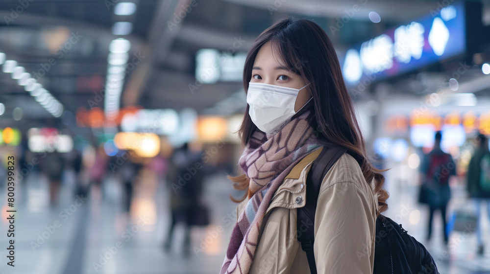 Asian woman in a mask on the background of the airport in a jacket and scarf with long hair looks into the frame