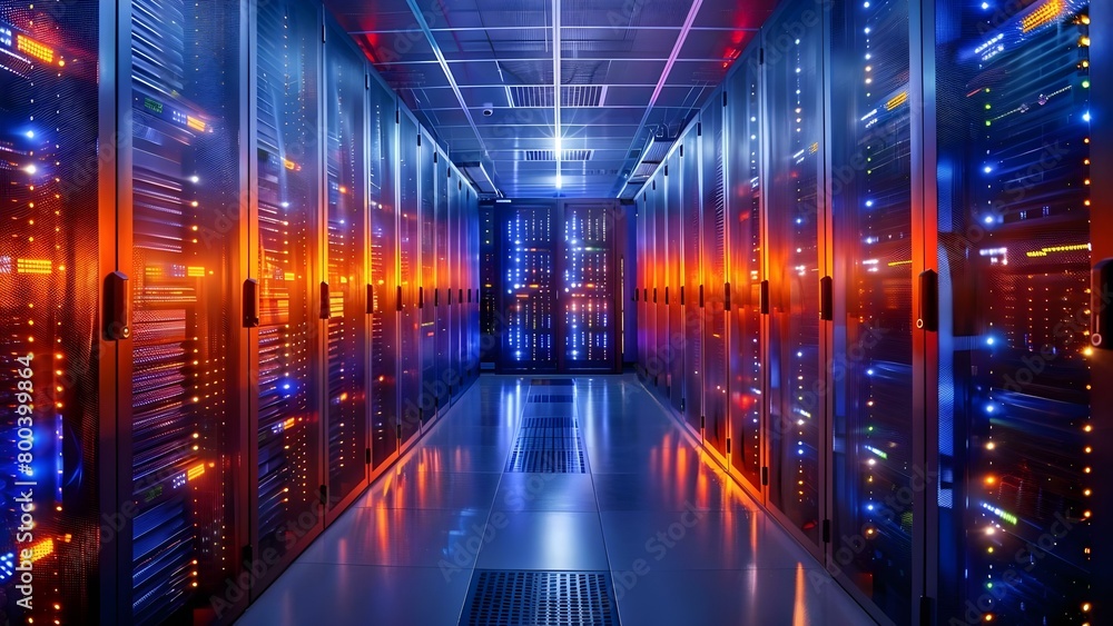 Visual of data center servers with blinking lights and NAS storage system. Concept Technology, Data Centers, Network Attached Storage, Computer Servers, IT Infrastructure
