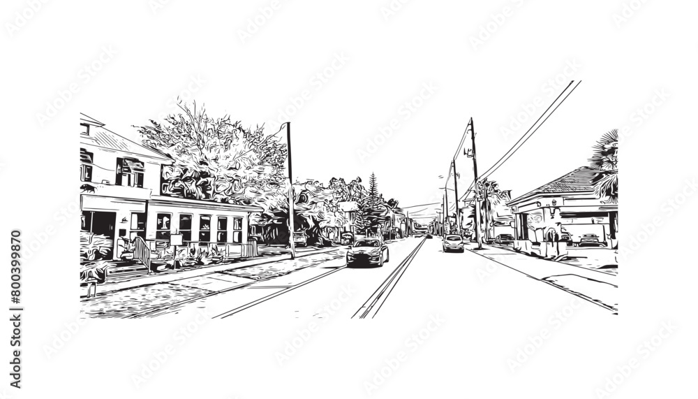 Obraz premium Print Building view with landmark of St Augustine is the city in USA. Hand drawn sketch illustration in vector.