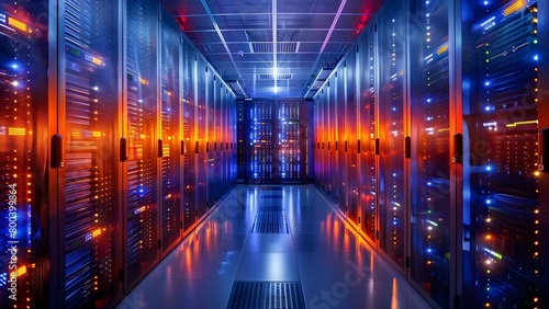 Visual of data center servers with blinking lights and NAS storage system. Concept Technology, Data Centers, Network Attached Storage, Computer Servers, IT Infrastructure