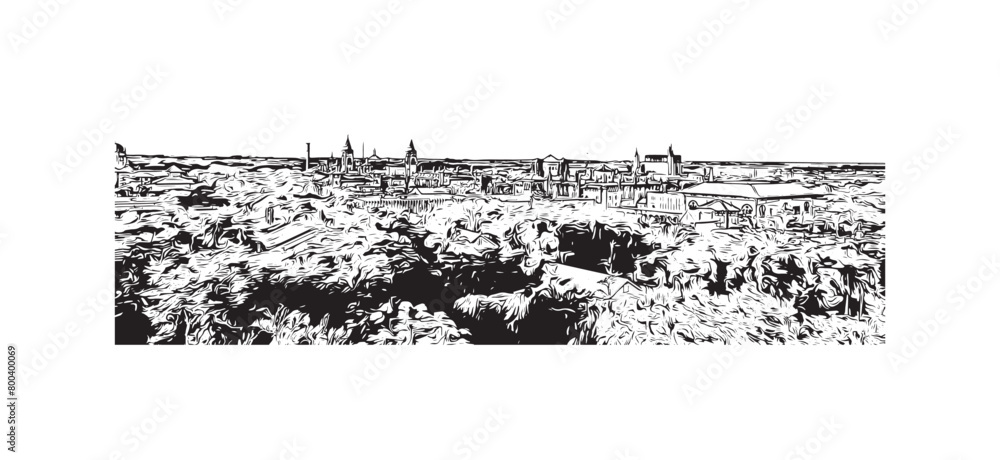 Print Building view with landmark of St Augustine is the city in USA. Hand drawn sketch illustration in vector.