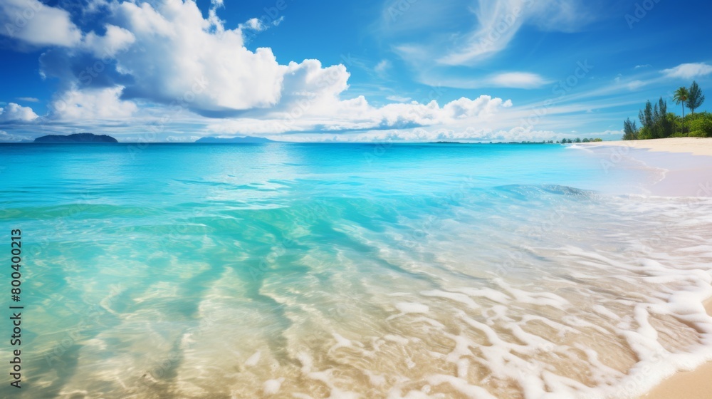 Pristine white sand beach with a strikingly clear azure sea under a bright blue sky with fluffy clouds, epitomizing the perfect tropical escape Pristine white sand beach with a strikingly clear azure sea under a bright blue sky with fluffy clouds, epitomizing the perfect tropical escape