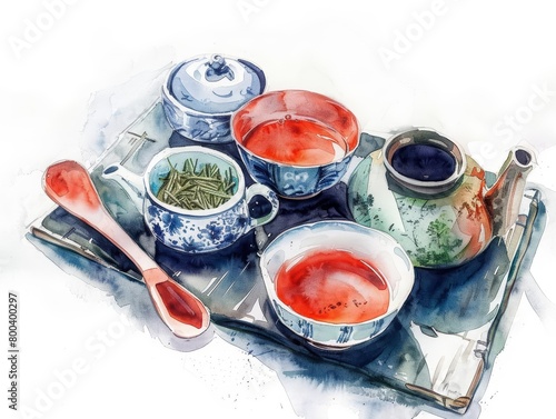 A beautiful watercolor painting of a still life of a teapot and teacups on a tray