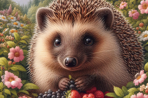 cute hedgehog is eating berries in a garden