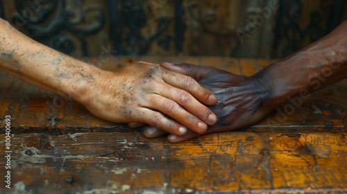 Symbol of Friendship: Diverse Hands Embracing on Rustic Surface, generative ai