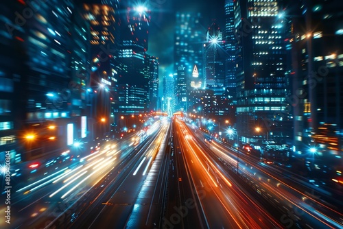 A city street at night with many lights and cars. The lights are bright and the cars are moving quickly. Scene is energetic and bustling