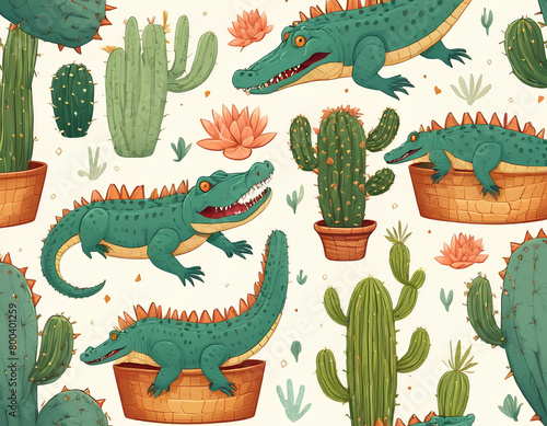 Seamless pattern of cactus and crocodile drawn on background