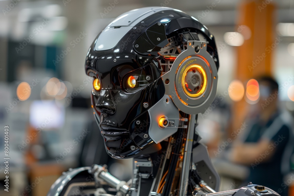 Fototapeta premium A robot with a black face and orange ears stands in front of a man in a blue shirt