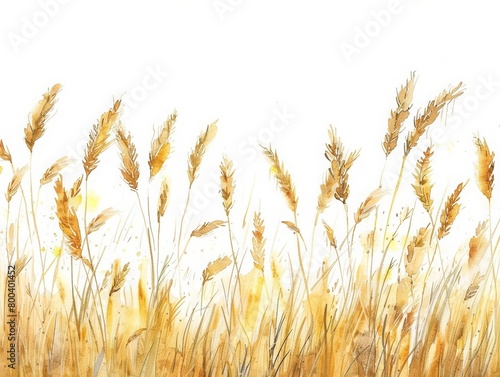 A watercolor painting of a field of wheat. The wheat is ripe and ready to be harvested. The sun is shining brightly  and the breeze is blowing gently.
