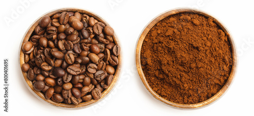 Roasted coffee beans and coffee powder in wooden bowls on white background. Top view