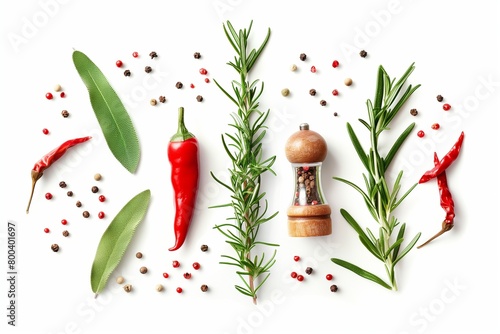 traditional italian pepper shaker, red chilli pepper and green organic rosemary leaves on white background. photo