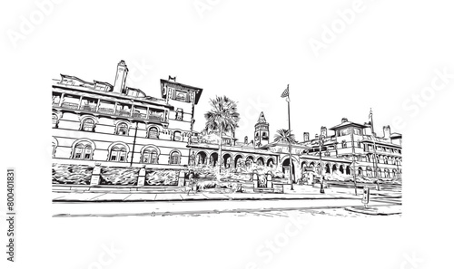 Print Building view with landmark of St Augustine is the city in USA. Hand drawn sketch illustration in vector.
