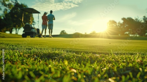 Feeling happy. Couple of two golfers staying on the green lawn with cart behind of them. photo