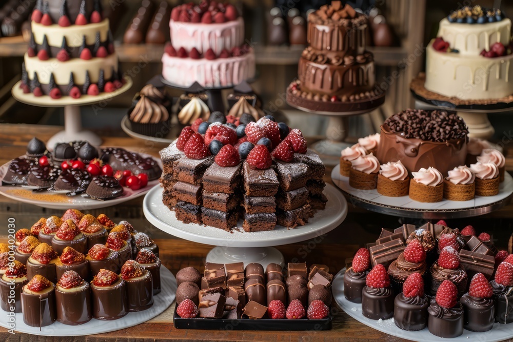 A table full of desserts including cakes, brownies, and cupcakes. The desserts are arranged on plates and trays, with some of them having strawberries on top
