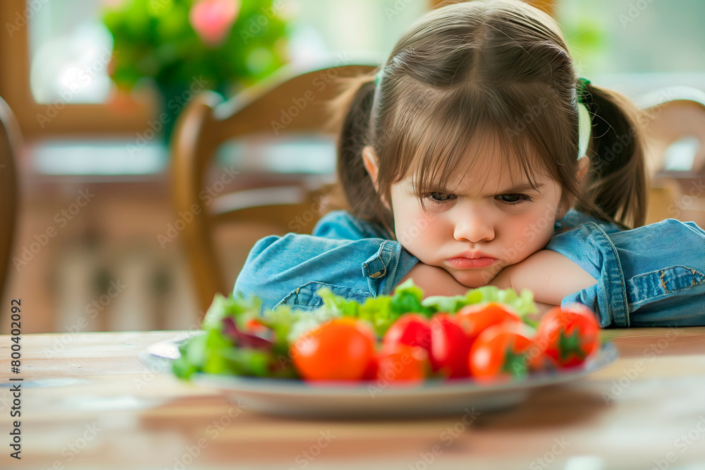 The unhappy girl sits dejectedly by a plate of vegetables, her expression showing her reluctance to eat salad. Perfect for articles on children's nutrition and picky eating habits The unhappy girl sits dejectedly by a plate of vegetables, her expression showing her reluctance to eat salad. Perfect for articles on children's nutrition and picky eating habits