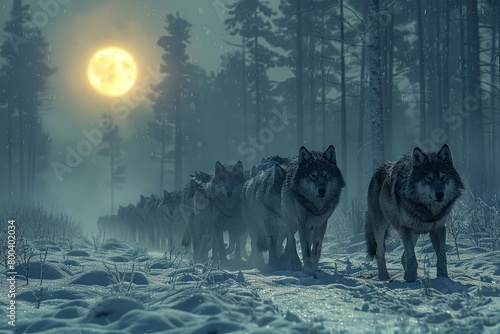 A pack of wolves moving silently through a snowy forest under the moonlight, a scene of untamed wilderness,Gray wolf isolated on white background Gray wolf,Canis lupus, wolf standing in the snow
