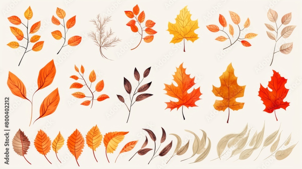 Array of autumn foliage with branches and different leaf shapes showcasing the vibrant hues of fall Array of autumn foliage with branches and different leaf shapes showcasing the vibrant hues of fall