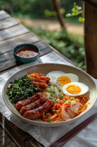 A plate of bibimbap and hard boiled eggs, with long thick chicken sausages in tomato sauce