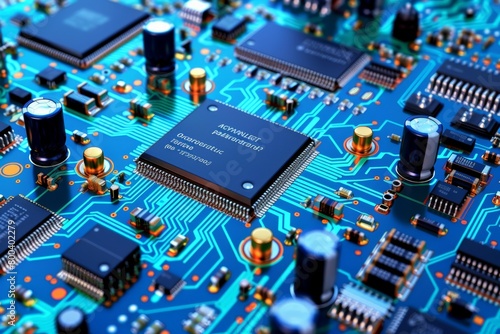 Detailed close up of a printed circuit board showing intricate electronic components and pathways