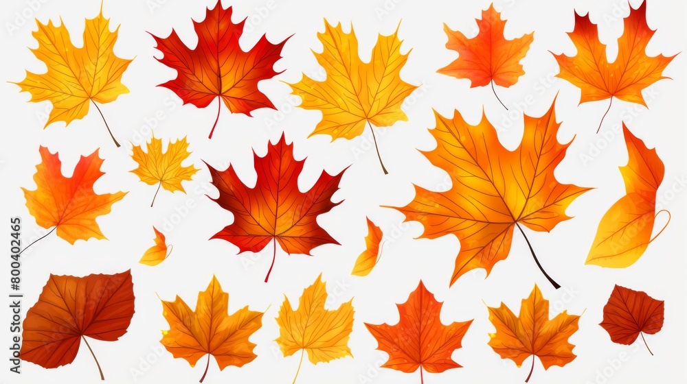 A set of vibrantly colored autumn leaves casting delicate shadows on a white surface, portraying the ephemeral nature of fall A set of vibrantly colored autumn leaves casting delicate shadows on a white surface, portraying the ephemeral nature of fall