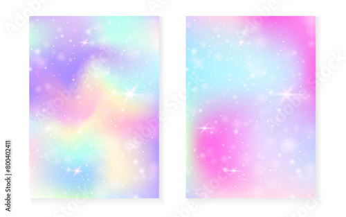 Princess background with kawaii rainbow gradient. Magic unicorn hologram. Holographic fairy set. Colorful fantasy cover. Princess background with sparkles and stars for cute girl party invitation.