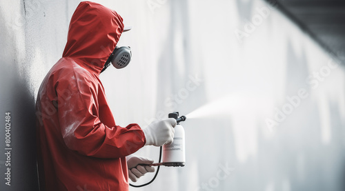  A disinfector in a protective suit and mask sprays disinfectants in house or office PreventionProtection concept photo