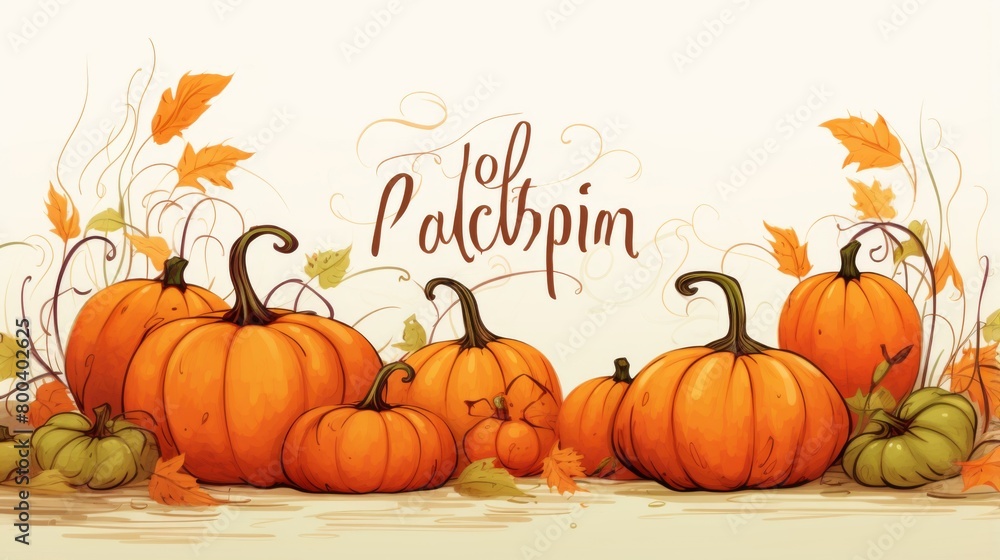 Warm autumnal illustration with a variety of pumpkins surrounded by falling leaves and whimsical text welcoming the fall season Warm autumnal illustration with a variety of pumpkins surrounded by falling leaves and whimsical text welcoming the fall season