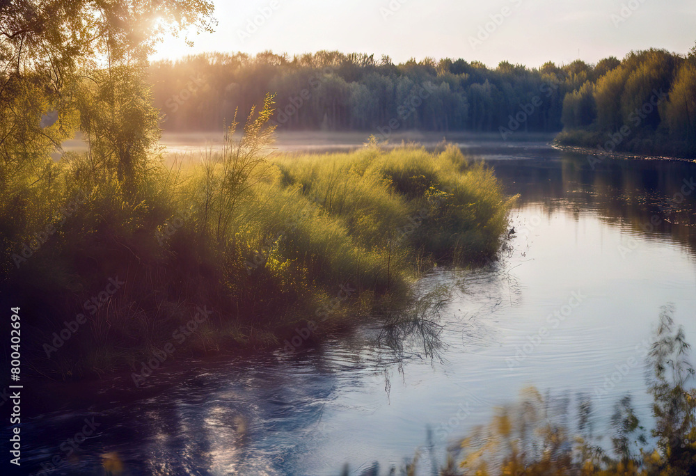 Fototapeta premium 'yellow beautiful hour section land river blue ?l?skie Poland The River Voivodeship green photographed Odra golden color shades Water Sky Summer Nature Tree Landscape Forest Cloud Green Blue Park'