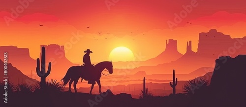 Silhouette of a cowboy on horseback against a desert landscape with cacti and a sunset