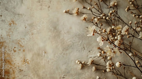 This image captures a delicate floral arrangement with white blossoms against a textured, vintage-styled backdrop, emphasizing natural beauty with a sense of tranquility.