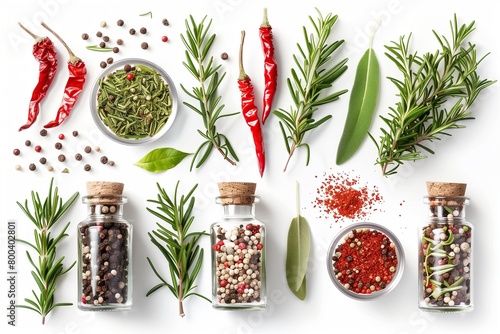 traditional italian pepper shaker, red chilli pepper and green organic rosemary leaves on white background. Ingredient, spice for cooking. collection for culinary design, photo