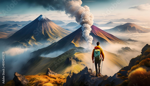 Aerial View of volcanic mountain range with sulfur smoke and tourist hiking on Generative AI.