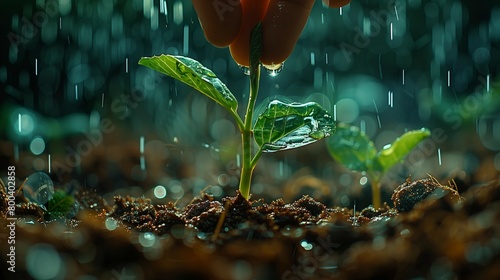 Sowing the Seeds of Justice: Hand planting seedling in fertile soil under rain, generative ai photo