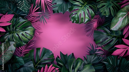 A stunning display of dense tropical leaves with a vivid interplay of pink and purple colors  ideal as a background for various creative projects.