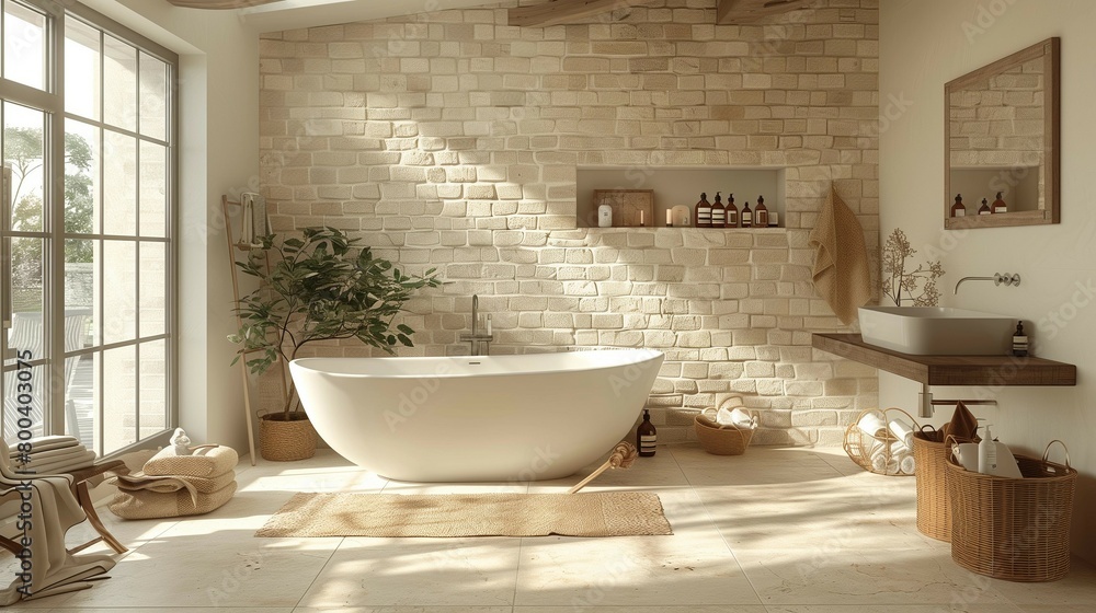 Tranquil Spa Bathroom with Freestanding Bathtub, generative ai Tranquil Spa Bathroom with Freestanding Bathtub, generative ai