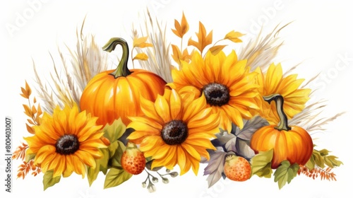 A hand-drawn depiction of sunflowers and pumpkins surrounded by autumnal foliage capturing the essence of the harvest season