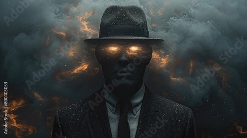 a man in a suit and hat with glowing eyes, mysterious people with empty space on the side