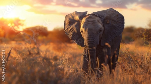A majestic African elephant stands in the tall grass with a warm, glowing sunset light illuminating its figure against the evening sky © Major