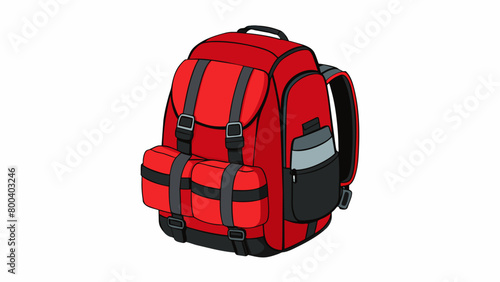 A black and red backpack with multiple compartments including a padded laptop sleeve and side pockets for water bottles. The thick padded back panel. Cartoon Vector.