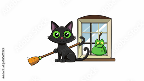A black cat with piercing green eyes perched on a windowsill next to a broomstick its tail flicking in irritation as a witch prepares to take flight.. Cartoon Vector.