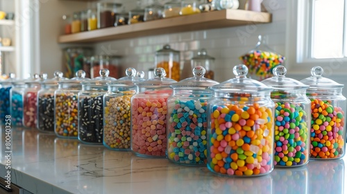 a collection of brightly colored candies in glass jars,