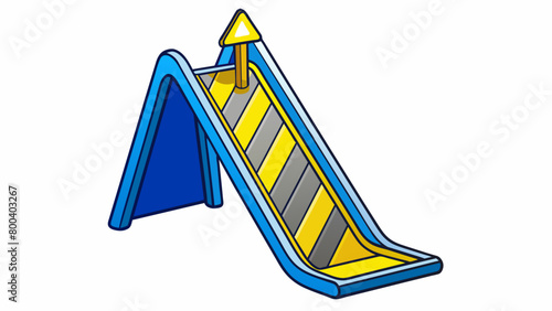 A blue and yellow plastic slide with a tall steep drop for thrill seekers to slide down at high speeds with a warning sign at the top.  on white. Cartoon Vector.