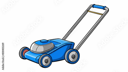 A blue and silver play lawn mower that looks just like the one dad uses in the yard. It features a sy metal frame rubber tires and a long handle with. Cartoon Vector.