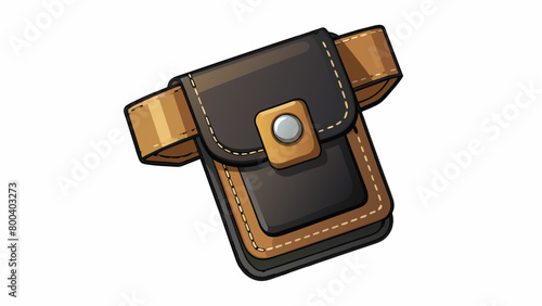 A black leather phone holster with a magnetic flap closure. It is designed to be worn on the belt with a small window for the screen and a hole for. Cartoon Vector.