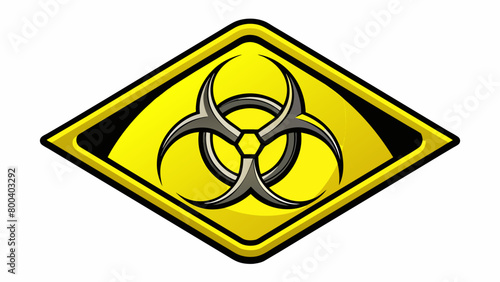 A bright yellow sign with a biohazard symbol in the center surrounded by a thick black border. The symbol itself is a stylized twisted strand of DNA. Cartoon Vector.
