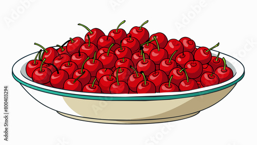 A bowl filled with deep red plump cherries each one perfectly round and arranged in neat rows.  on white background . Cartoon Vector.