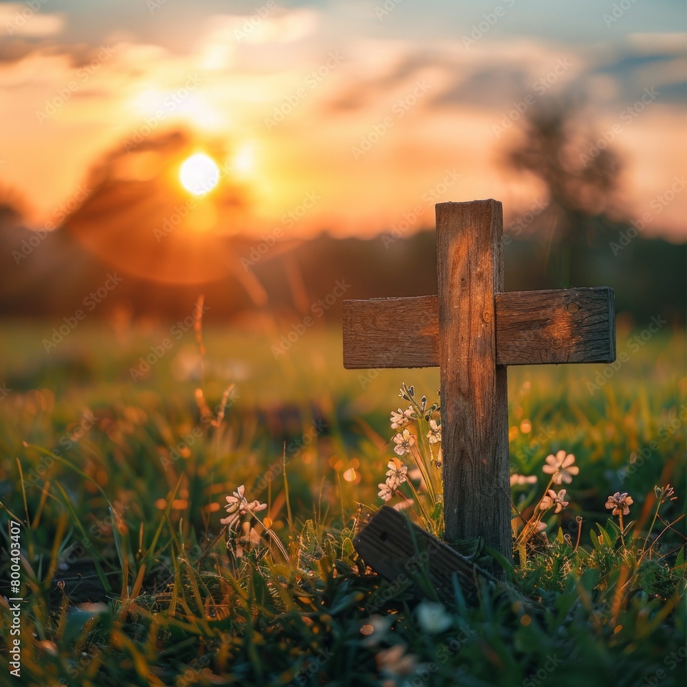 Naklejka premium Christ is risen, a cross on a hill, Easter landscape