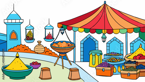 A bustling oasis market filled with vibrant colors and the scent of exotic es. Local vendors display their goods including handwoven rugs ornate. Cartoon Vector.